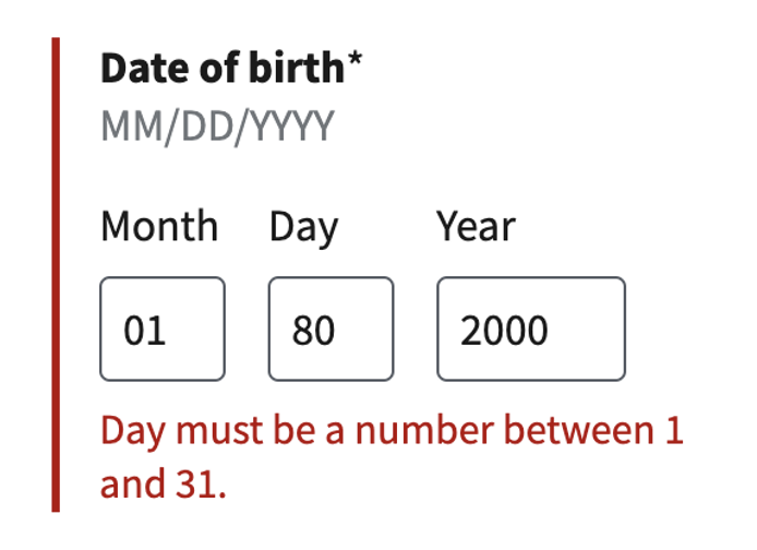 Graphic showing error message in date field of a form.