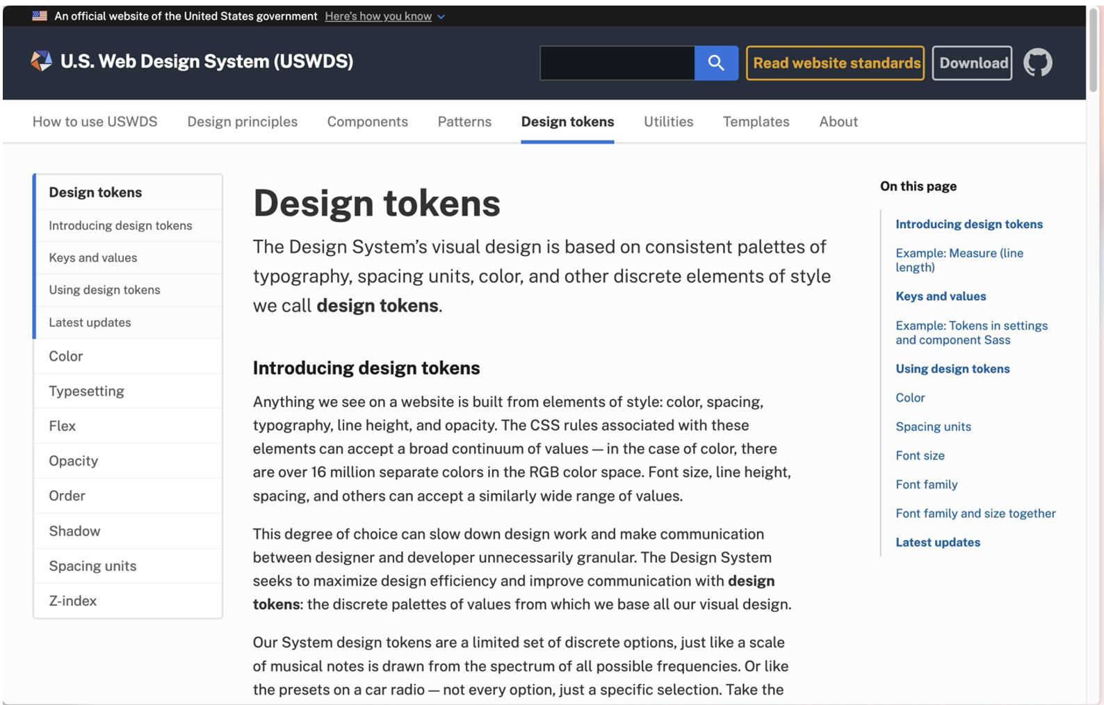 Screenshot of the U.S. Web Design System.