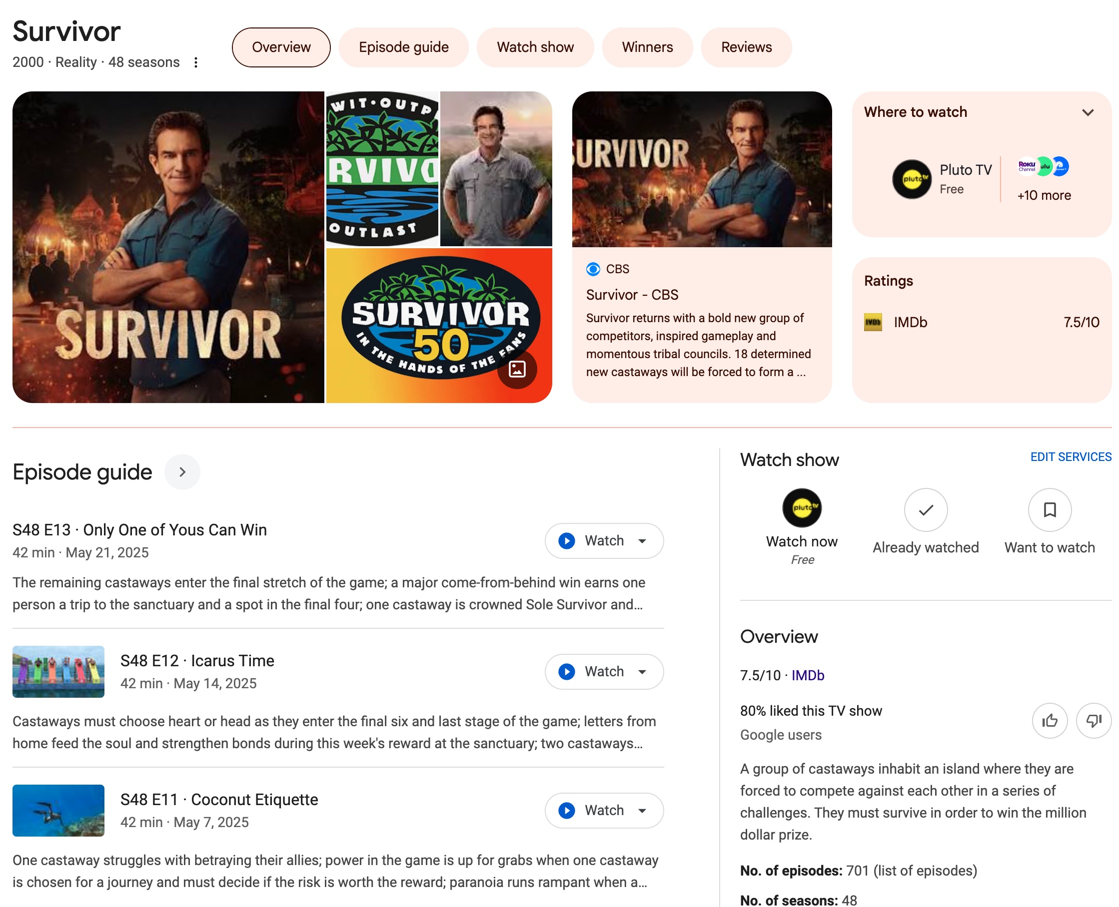 Google search results for the TV show Survivor, illustrating how structured content supports a strong content strategy by displaying episodes, cast, and metadata-driven information.