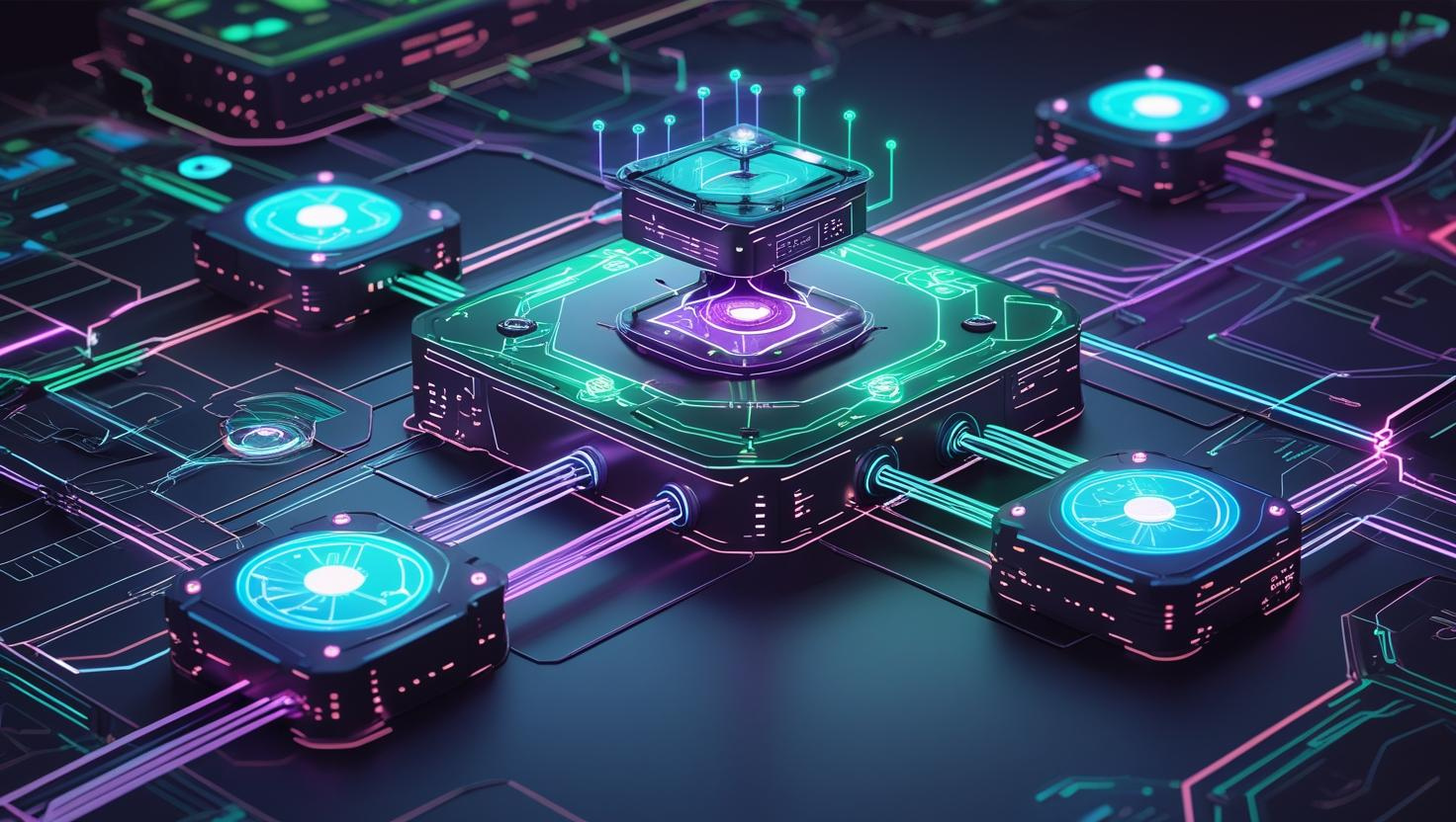 Futuristic abstract image of neon-lit interconnected nodes and processors representing ai solutions and advanced technology systems for federal government data processing and analysis.